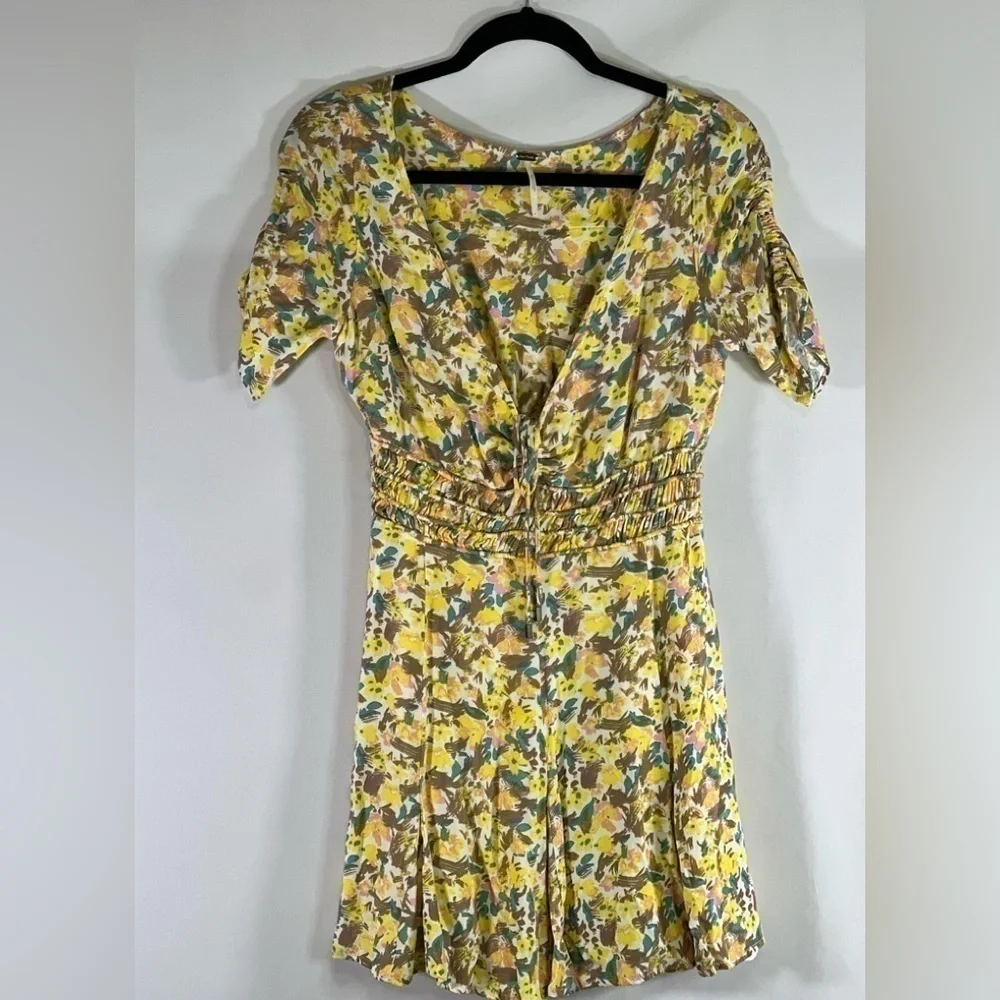 FREE PEOPLE  Forget Me Not V Neck Floral Lined Ruched Sleeve Mini Dress 4 - Picture 4 of 5